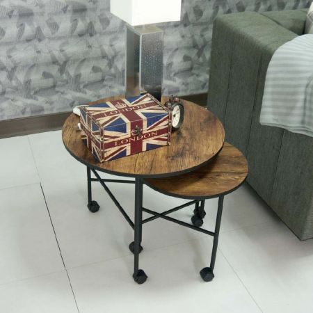 Dark Brown Oak Round Panel Sets Of Side Tables - Dark Brown Oak Round Panel Sets Of Side Tables